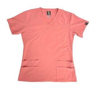 Dress A Med Scrub Top S Coral Pink Mock Wrap V-Neck Extreme Flex Medical ST100
